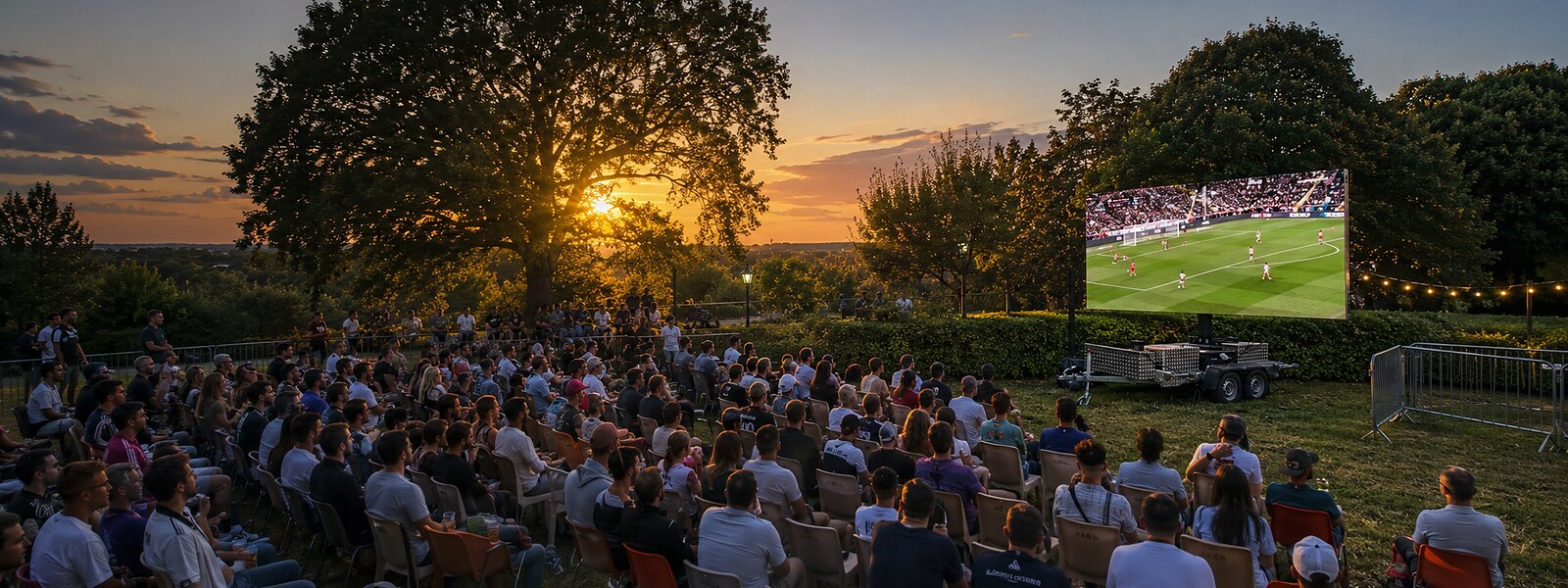 Écran géant Videopix de 8 m² sur remorque devant un public au coucher du soleil