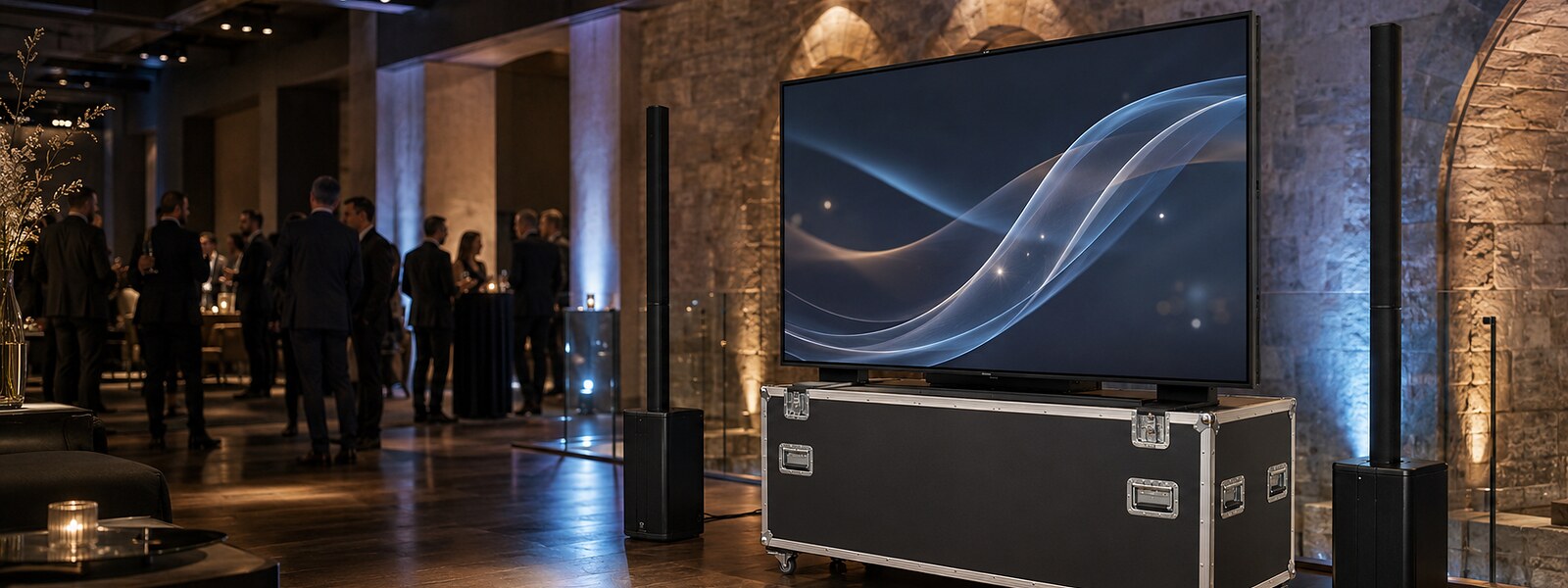 TV Lift Videopix en flight-case installé pour un événement professionnel
